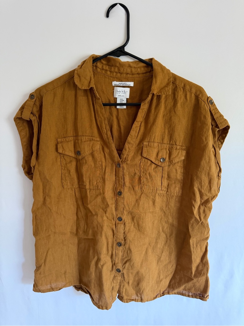 Nicole Miller European Grown Flax 100% Linen Top M Short Sleeve Boxy Relaxed